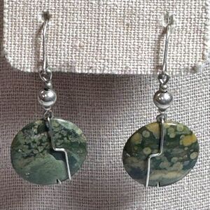 Natural Green Jasper Dangle Earrings Sterling Silver Wire Wrap & Hooks Vintage